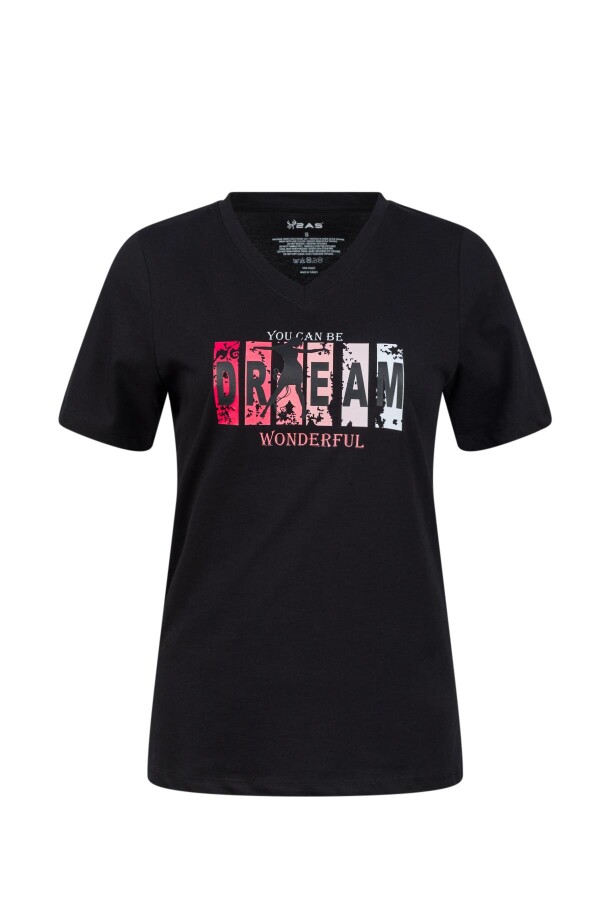 2AS Alone Baskılı V Yaka Kadın T-Shirt 404 SİYAH